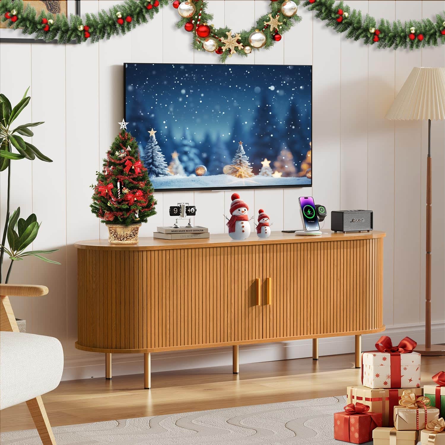 Tiramisubest - 55"TV Stand with Power Outlet for TVs up to 60 Inch,Entertainment Center with Storage,Adjustable Shelves & Sliding Doors - Yellow Walnut