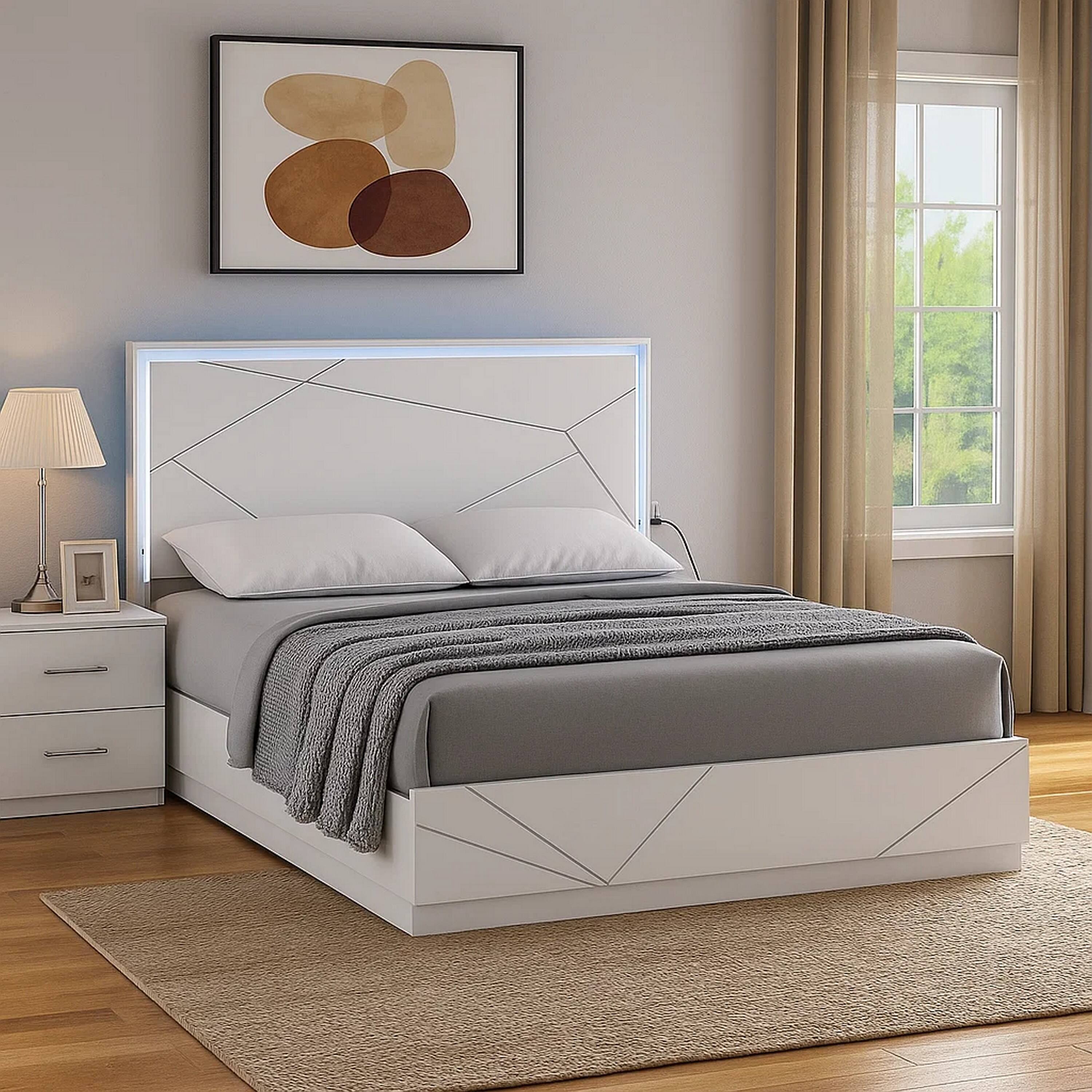 Alt View 5. Manhattan Lane - Esy Queen Size Storage Bed with LED Headboard, USB Ports, White and Silver - White, Silver.