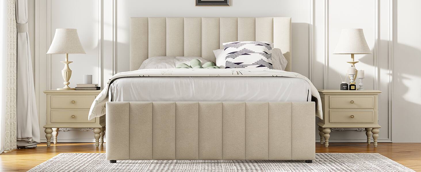 Alt View 10. Tiramisubest - Full Size Upholstered Platform Bed with Twin Size Trundle and 3 Drawers, Linen Fabric, Beige - Beige.