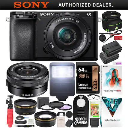 SONY AUTHORIZED DEALER.
SONY α E 3.5-5.6/PZ 16-50 OSS
- 3.5-5.6/16-50
- Optical SteadyShot
- MACRO
- 64GB Lexar PROFESSIONAL 633X
- 95 MB/s
- PaintShop Pro 2019
- VideoStudio 2019
- BEACH CAMERA
- Various accessories including a camera bag, battery, charger, lens, tripod, filters, and more.
