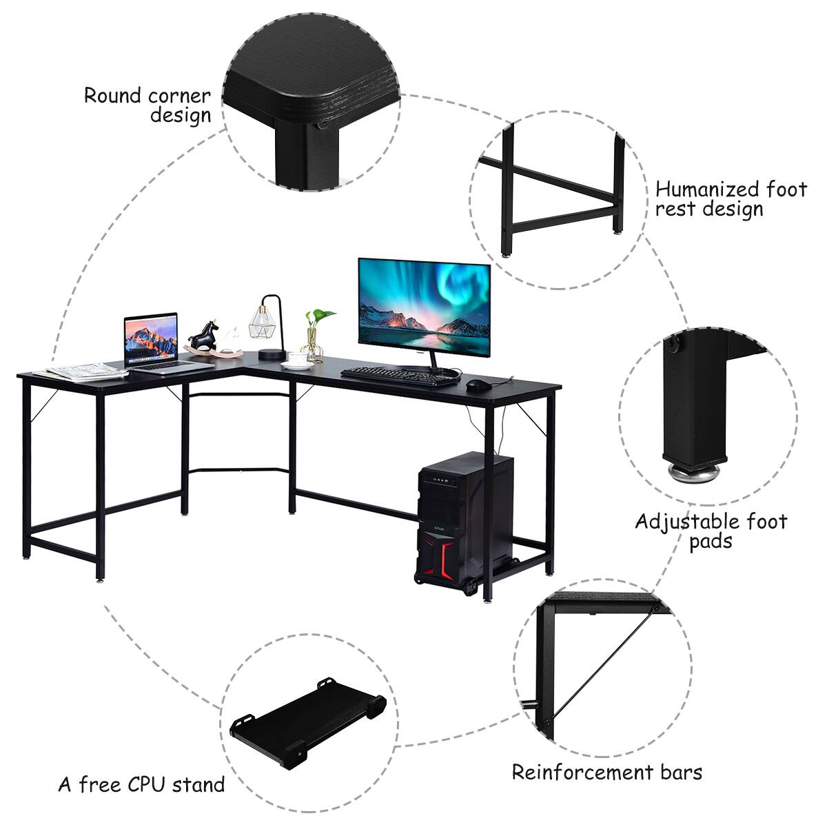 The image features a computer desk with a monitor, keyboard, and mouse. The desk is accompanied by a round corner design, humanized foot rest design, adjustable foot pads, a free CPU stand, and reinforcement bars. These elements are meant to enhance the user experience and provide comfort while working on the computer.