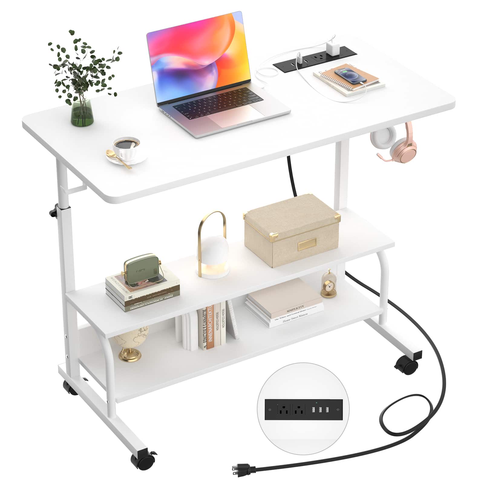 Aheaplus - Small Height Adjustable Standing Desk with Power Outlets and Shelves, Max Height 41 Inches - White