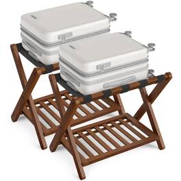 Songmics Home - Solid Wood Luggage Racks, Set of 2, No Assembly Required, Foldable Suitcase Stand, Luggage Holder, with Storage Shelf - Coffee Brown