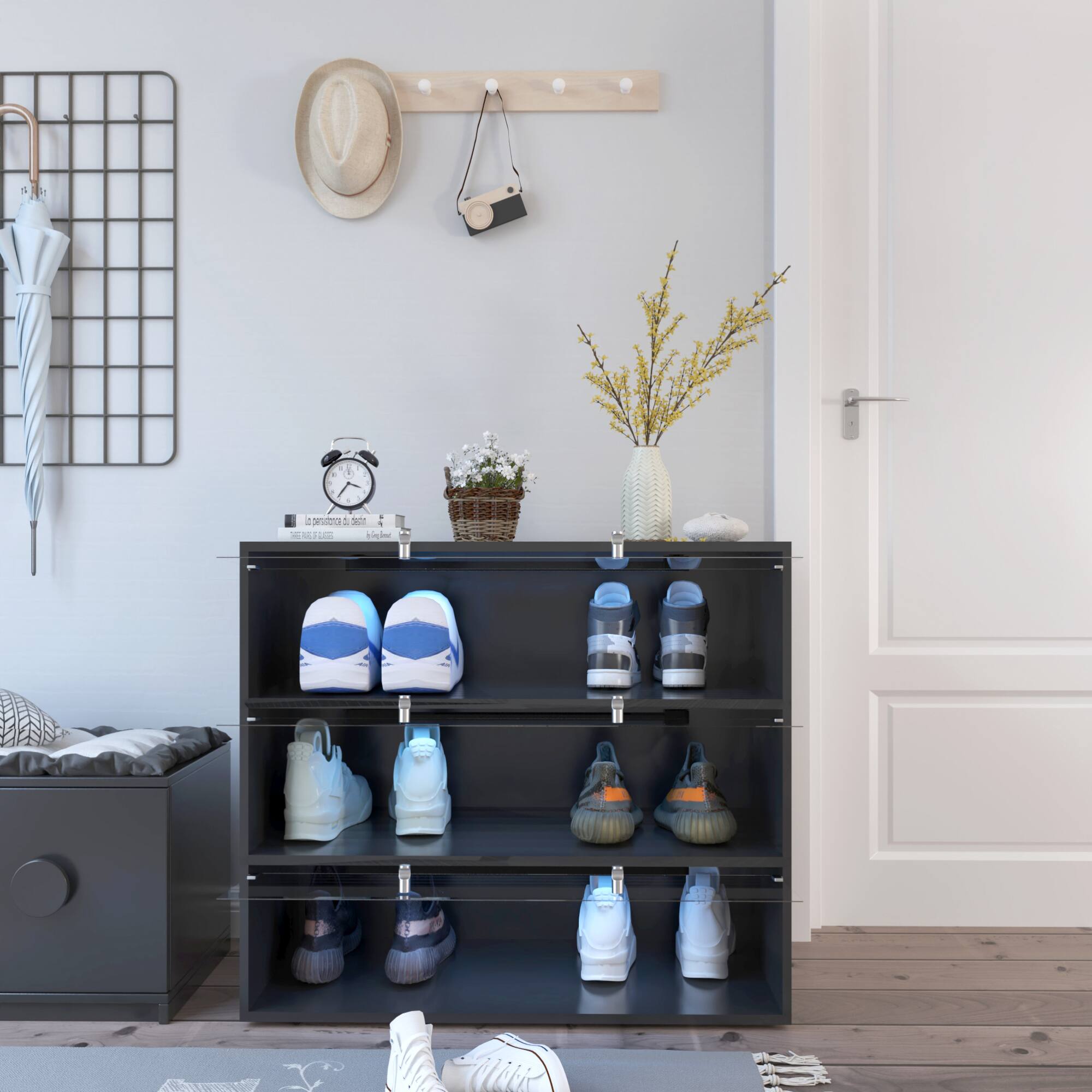 Back. GOODSILO - Elegant Glass Door Shoe Display Cabinet with Customizable LED Lighting for Sneaker Enthusiasts - Black.