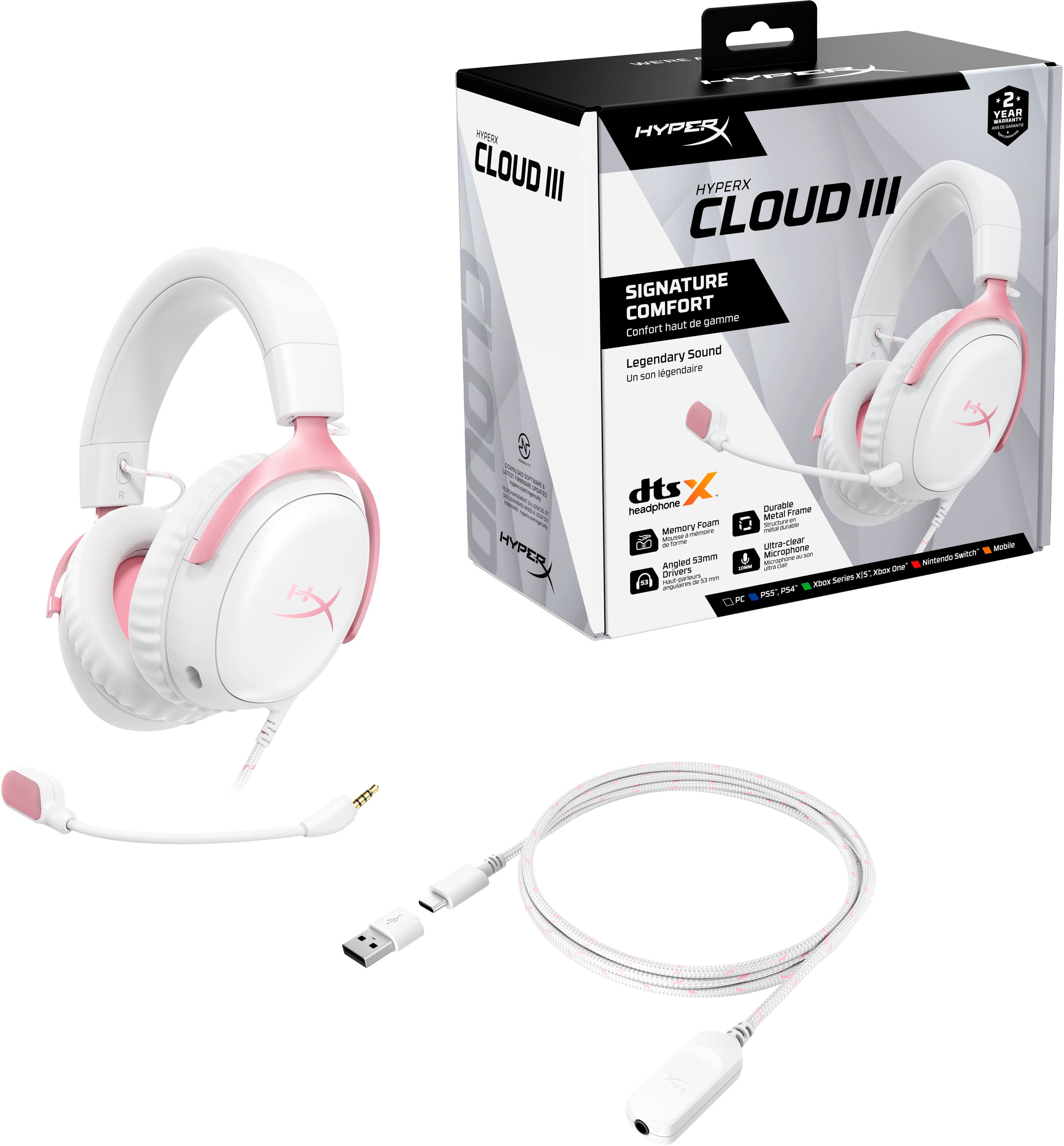 A vros CLOUD III COUn HYPER - TRSAL 2 YEAR - HYPER HYPERX CLOUD III SIGNATURE COMFORT gamme naut de Confort Sound Legendary lgendaire un son dts X DUAN headphone Metal Frame Foam mna - Memory - - - o utTa-clew 0O - - Simm Microphone - tdhet Angled H E AET - G nivers a - n i - saruns - PSr: ~ O R T -