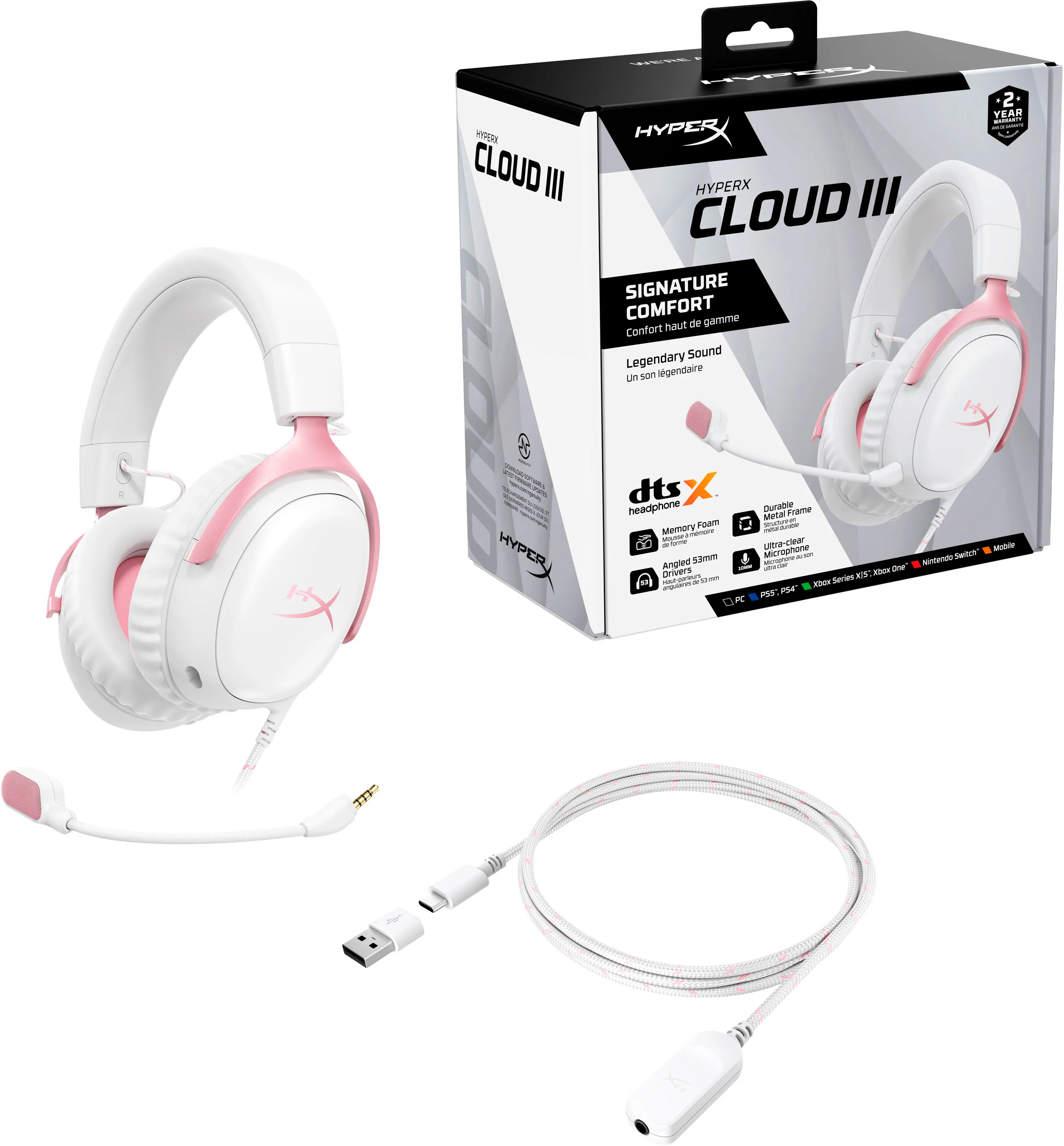 A vros CLOUD III COUn HYPER - TRSAL 2 YEAR - HYPER HYPERX CLOUD III SIGNATURE COMFORT gamme naut de Confort Sound Legendary lgendaire un son dts X DUAN headphone Metal Frame Foam mna - Memory - - - o utTa-clew 0O - - Simm Microphone - tdhet Angled H E AET -  G nivers a - n i - saruns - PSr: ~ O R T -