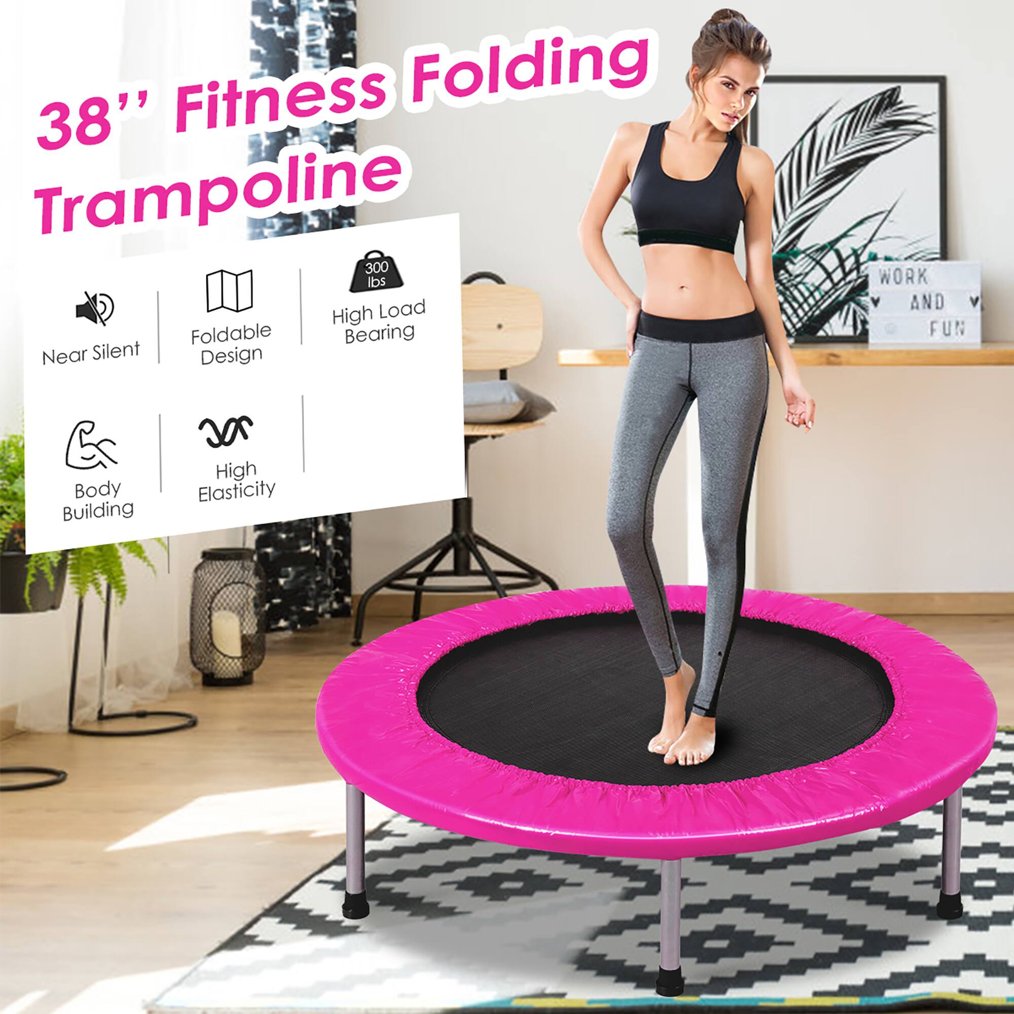 38" Fitness Folding Trampoline

- Near Silent
- Foldable Design
- High Load Bearing
- Body Building
- High Elasticity

300 lbs Load Capacity