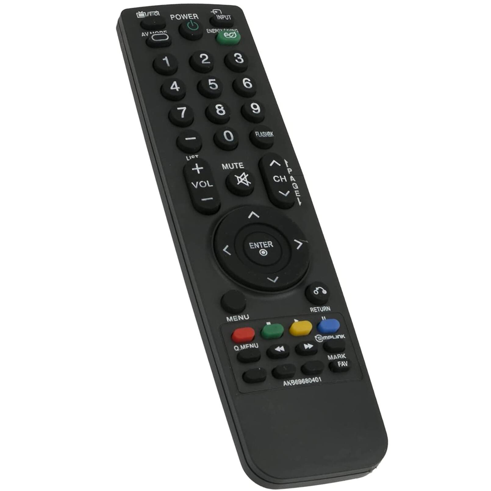 Sure, here is the corrected and grouped text from the image:

- **Top Section:**
  - AV/MIX
  - POWER
  - INPUT
  - ENERGY STAR

- **Number Pad:**
  - 1 2 3
  - 4 5 6
  - 7 8 9
  - 0

- **Middle Section:**
  - LIST
  - MUTE
  - VOL
  - CH
  - PAGE
  - ENTER

- **Bottom Section:**
  - MENU
  - RETURN
  - Q.MENU
  - MARK FAV
  - emplink
  - AKB69680401

- **Additional Labels:**
  - FLASHRK
  - ENERGY STAR logo