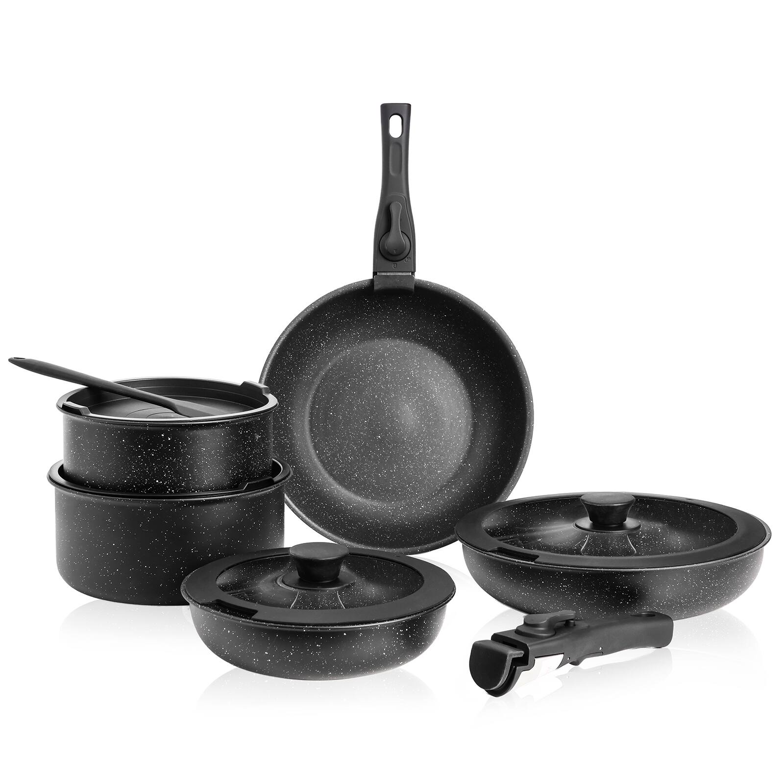 Angle. AENKYO - 12 Piece Pots and Pans Set Nonstick Cookware Set with Spatula and Removable Handles - Black.