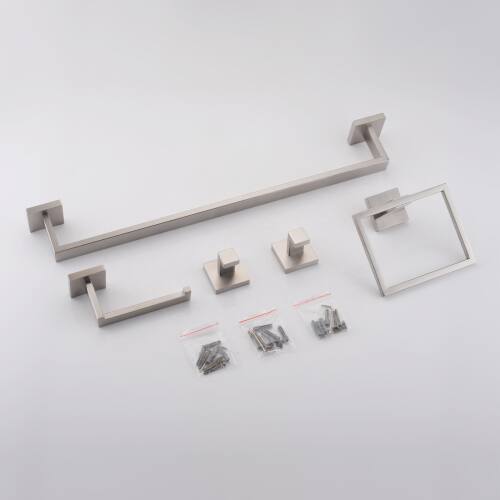 Alt View 5. JUJABU - 5-Piece Bathroom Set Towel Bar + Ring + Hooks + TP Holder, Brushed Nickel - Brushed Nickel.