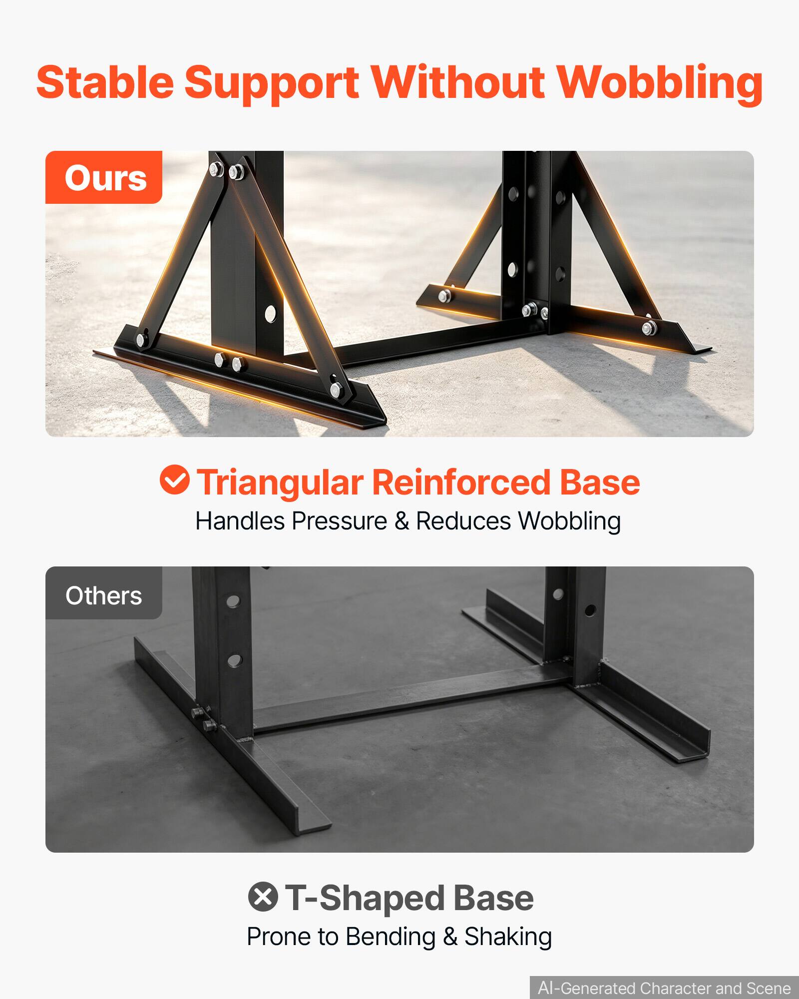 Stable Support Without Wobbling

Ours
Triangular Reinforced Base
Handles Pressure & Reduces Wobbling

Others
T-Shaped Base
Prone to Bending & Shaking

AI-Generated Character and Scene