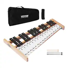 VEVOR - Glockenspiel Xylophone, 27 Notes, Professional Xylophone Percussion Instrument, with Metal Keys, Includes 4 Mallets - Black;White
