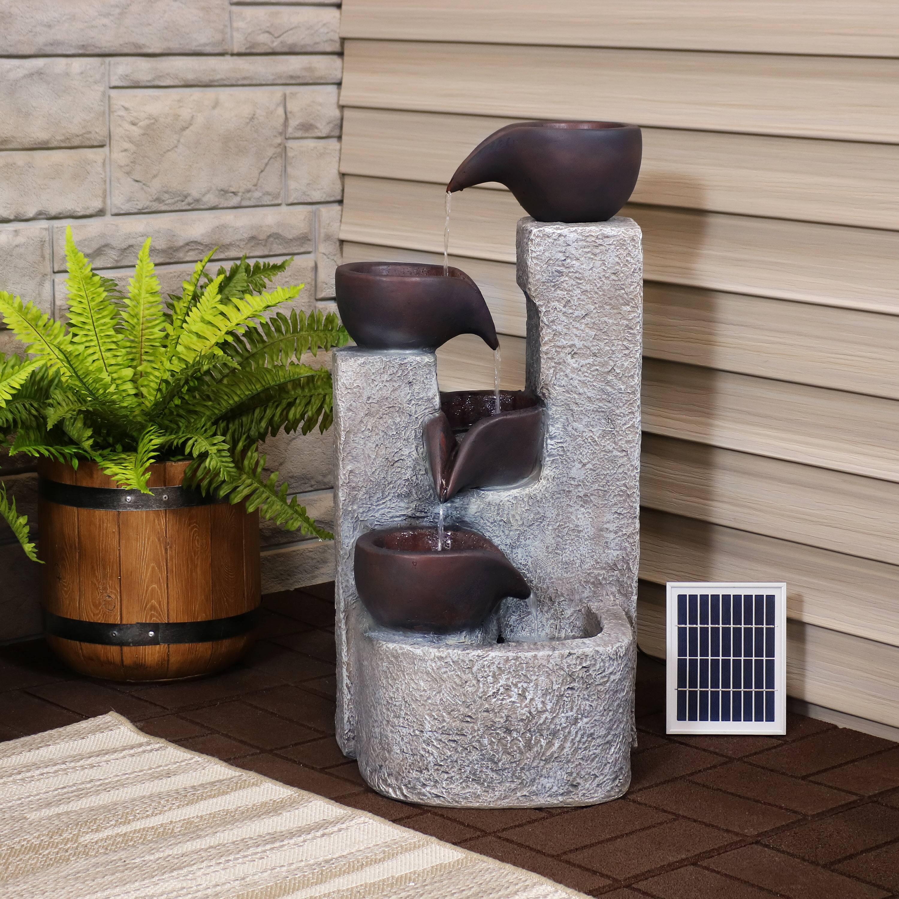 Alt View 2. Sunnydaze - Aged Tiered Vessels Solar Water Fountain with Battery - 29 in - Grey.