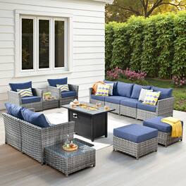 Ovios - 13 PCS Patio Furniture Set Sectional Sofa Comfy Armchair with Ottoman & 42" Fire Pit Table No Assembly Required - Denim Blue