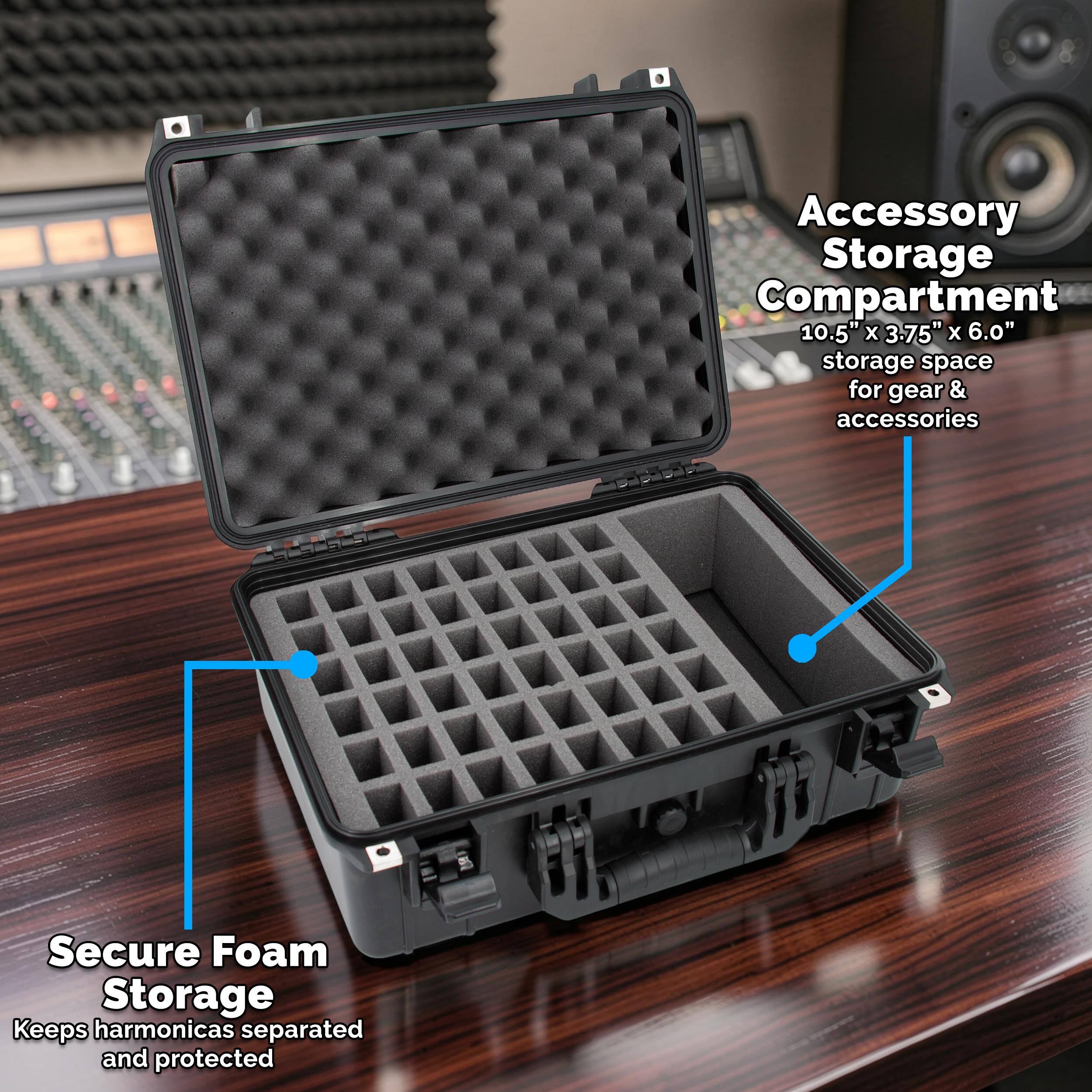 Accessory Storage Compartment  
10.5" x 3.75" x 6.0" storage space for gear & accessories  

Secure Foam Storage  
Keeps harmonicas separated and protected