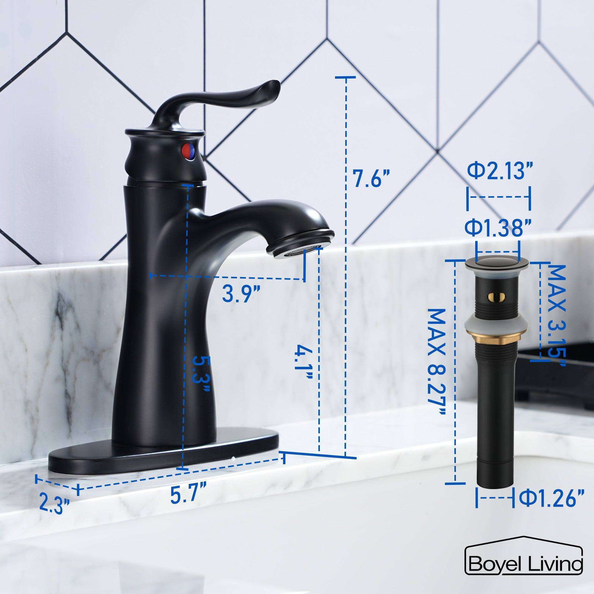 7.6", 3.9", 5.3", 4.1", 2.3", 5.7", 2.13", 1.38", 1.26", MAX 3.15", MAX 8.27", Boyel Living