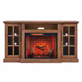 RYHNUYNE - 65" Fireplace TV Stand for TVs up to 75" – Electric Fireplace Cabinet with 28" Insert & LED Side Lights - Antique brown