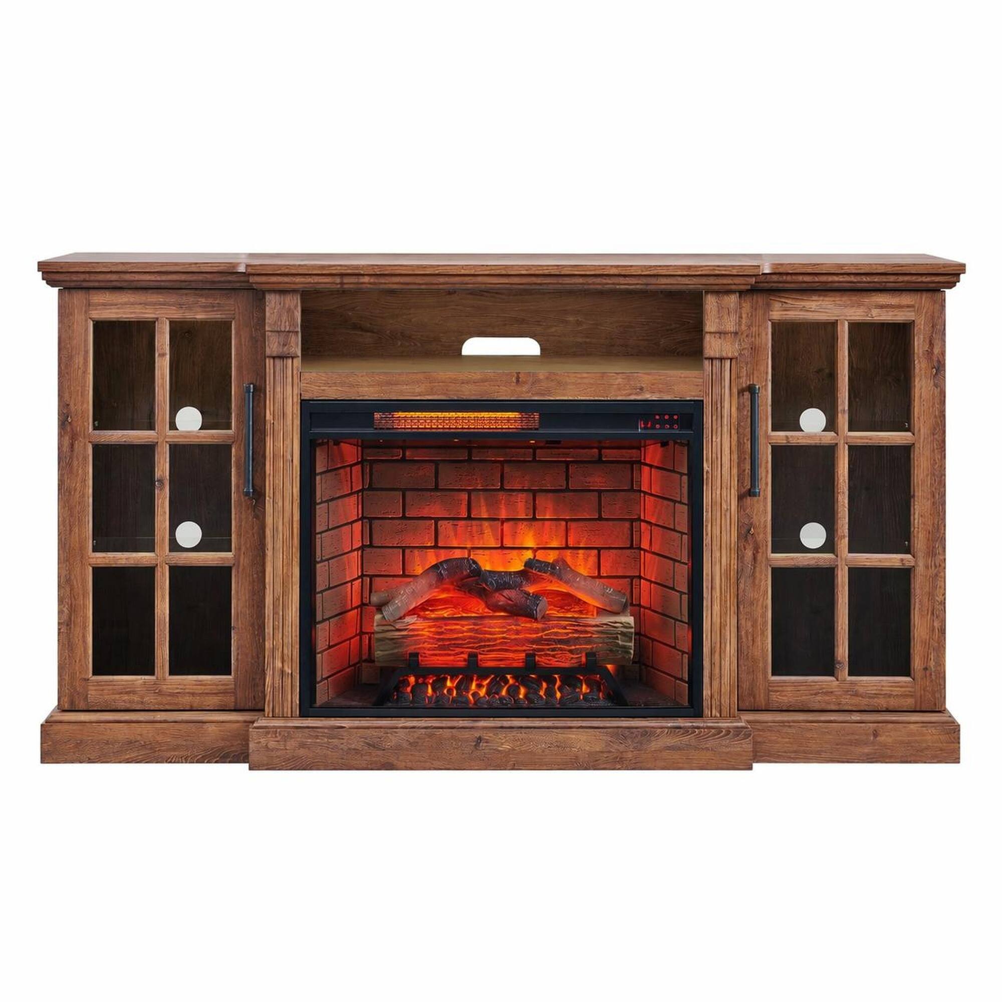 Front. RYHNUYNE - 65" Fireplace TV Stand for TVs up to 75" – Electric Fireplace Cabinet with 28" Insert & LED Side Lights - Antique brown.