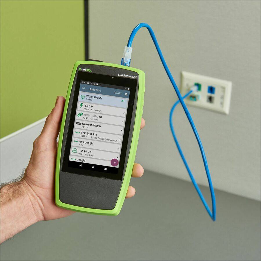 netAlly, 36 LINKRUNNER AT AutoTest Test Wired Profile Nat START 56.6 V Class . 13.00 IN Ka4s T0M/100M/1G HDUFD FON E Nearest Pat Switch DHCP 172.24.0.116 3.307 I . 00 860038 Baver ver-defined DNS dns 5 dns.google - 172.24.0.1 ML I - i m 5 UPTE google