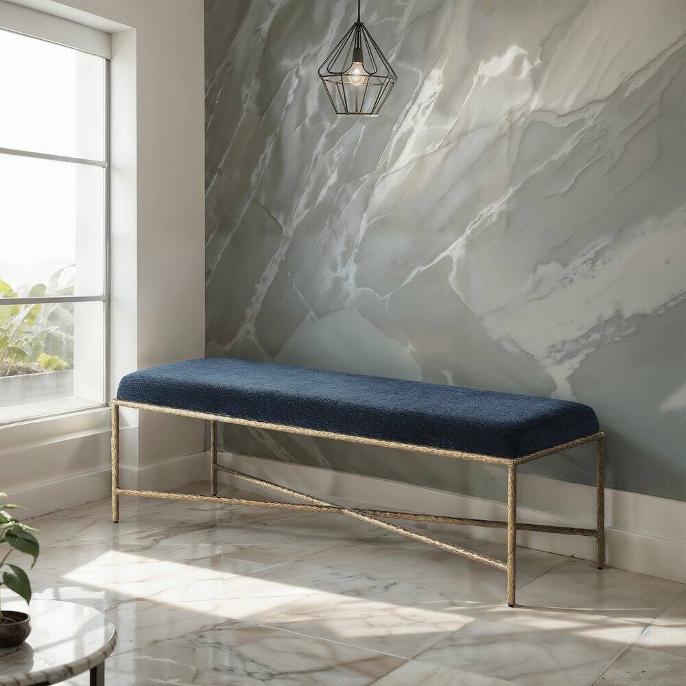 Alt View 1. Meridian Furniture - Valley Navy Chenille Fabric Bench - Blue.