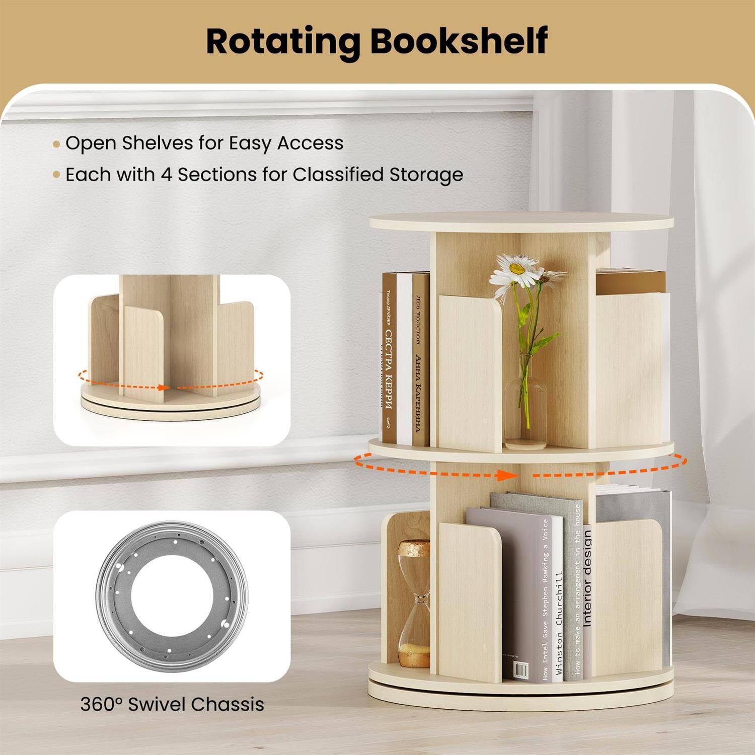Rotating Bookshelf

- Open Shelves for Easy Access
- Each with 4 Sections for Classified Storage

360° Swivel Chassis