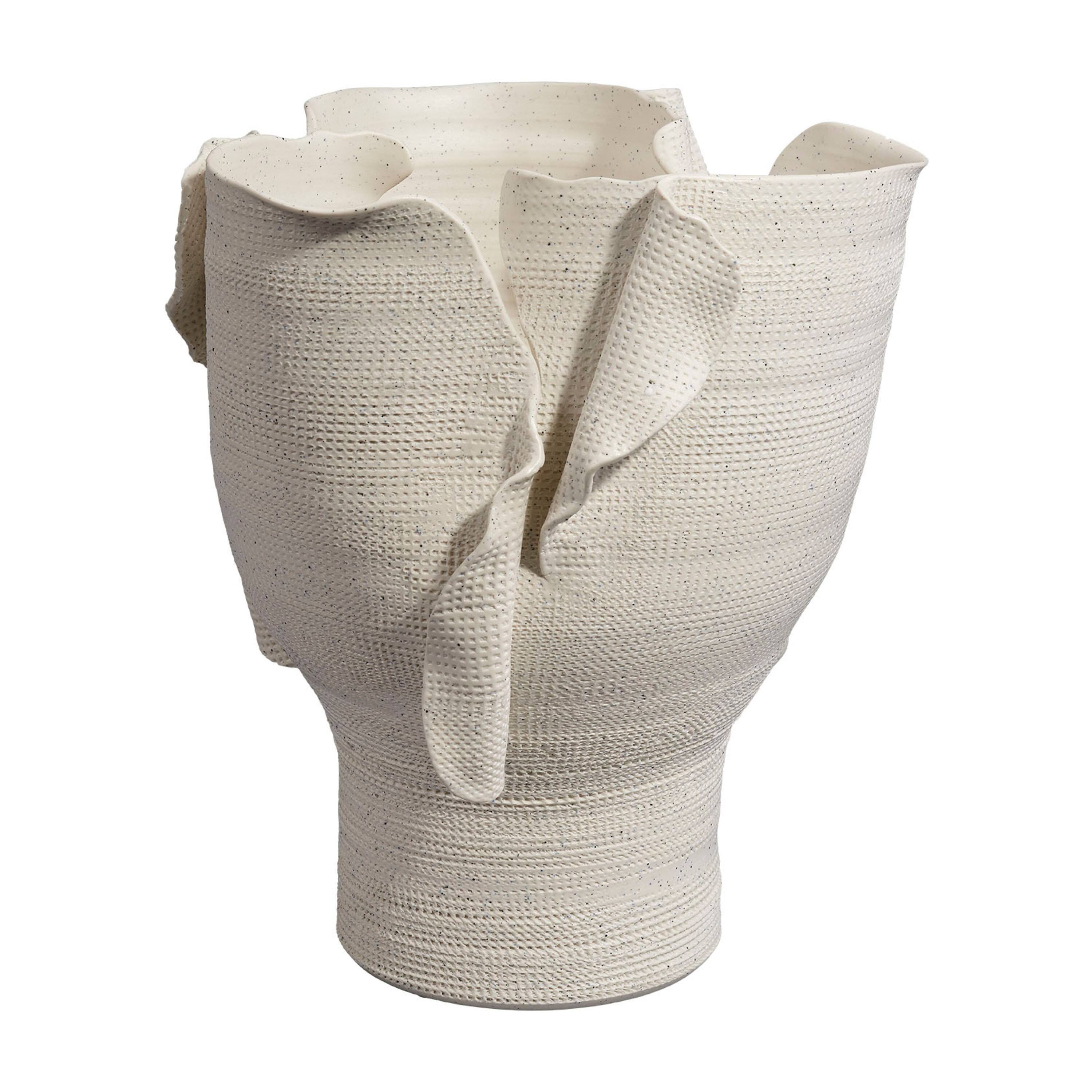 Angle. Manhattan Lane - Tio Modern Vessel Vase, Flowing Petal Folds,  Porcelain 13 Inch - White.