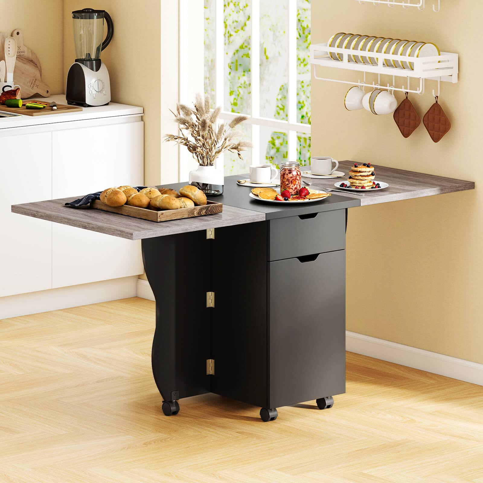Alt View 5. Costway - Costway Folding Dining Table with Lockable Wheels, 2 Drawers & 2 Cabinets for Small Spaces - Black + Gray.