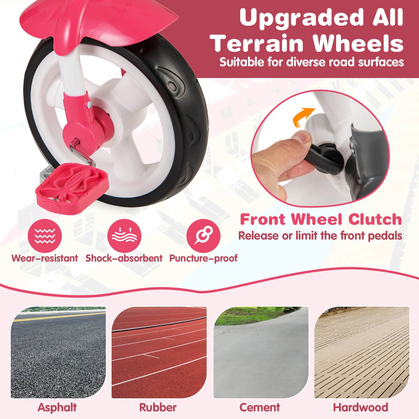 Upgraded All Terrain Wheels  
Suitable for diverse road surfaces  

Front Wheel Clutch  
Release or limit the front pedals  

Wear-resistant  
Shock-absorbent  
Puncture-proof  

Asphalt  
Rubber  
Cement  
Hardwood