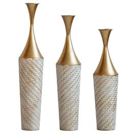 Boyel Living - Set of 3 Tall Metal Floor Vases with Woven Texture Pattern - Champagne