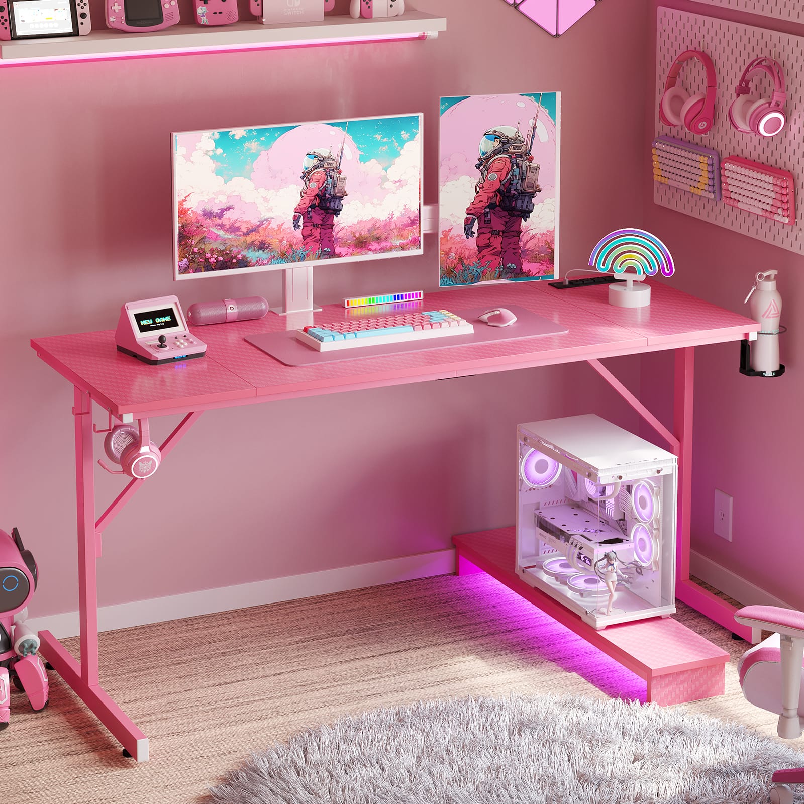 Angle. Bestier - 52" Gaming Desk with Power Outlets USB Ports LED Lights and Monitor Stand - Pink.