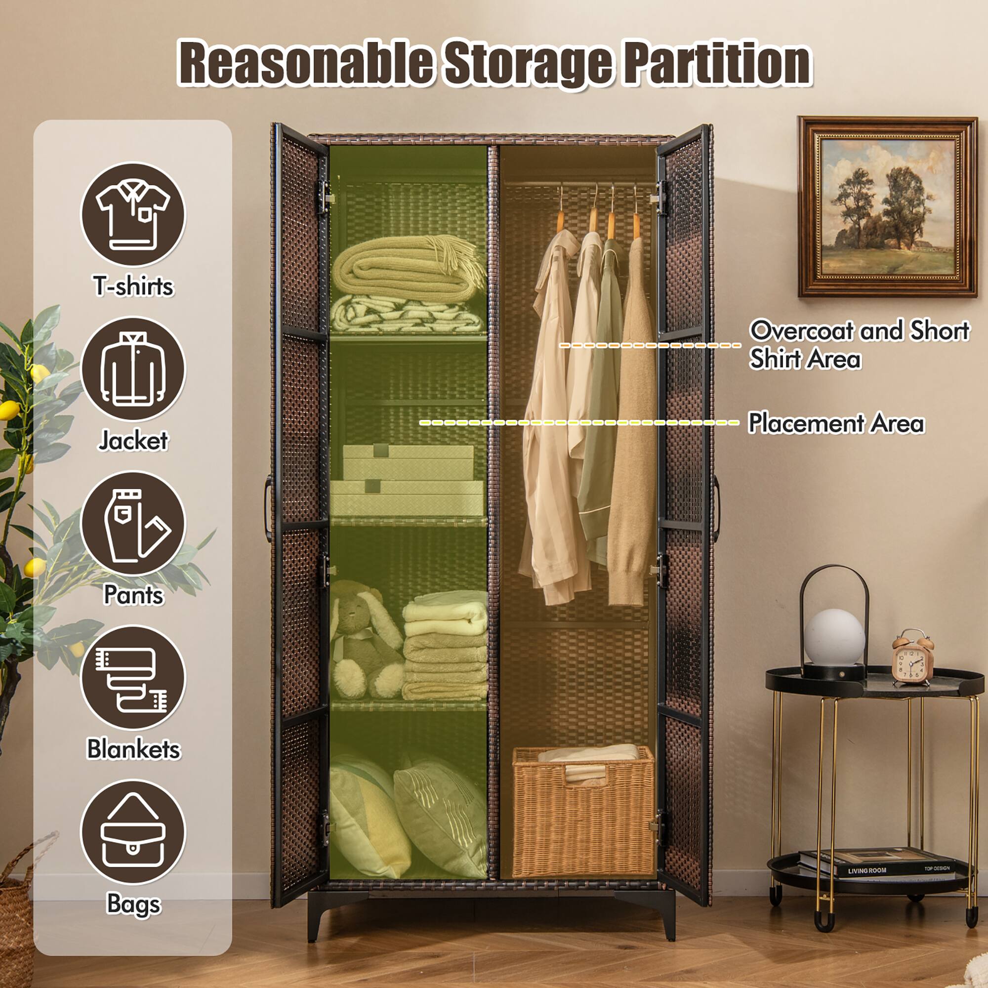 Reasonable Storage Partition

- T-shirts
- Jacket
- Pants
- Blankets
- Bags

Overcoat and Short Shirt Area
Placement Area