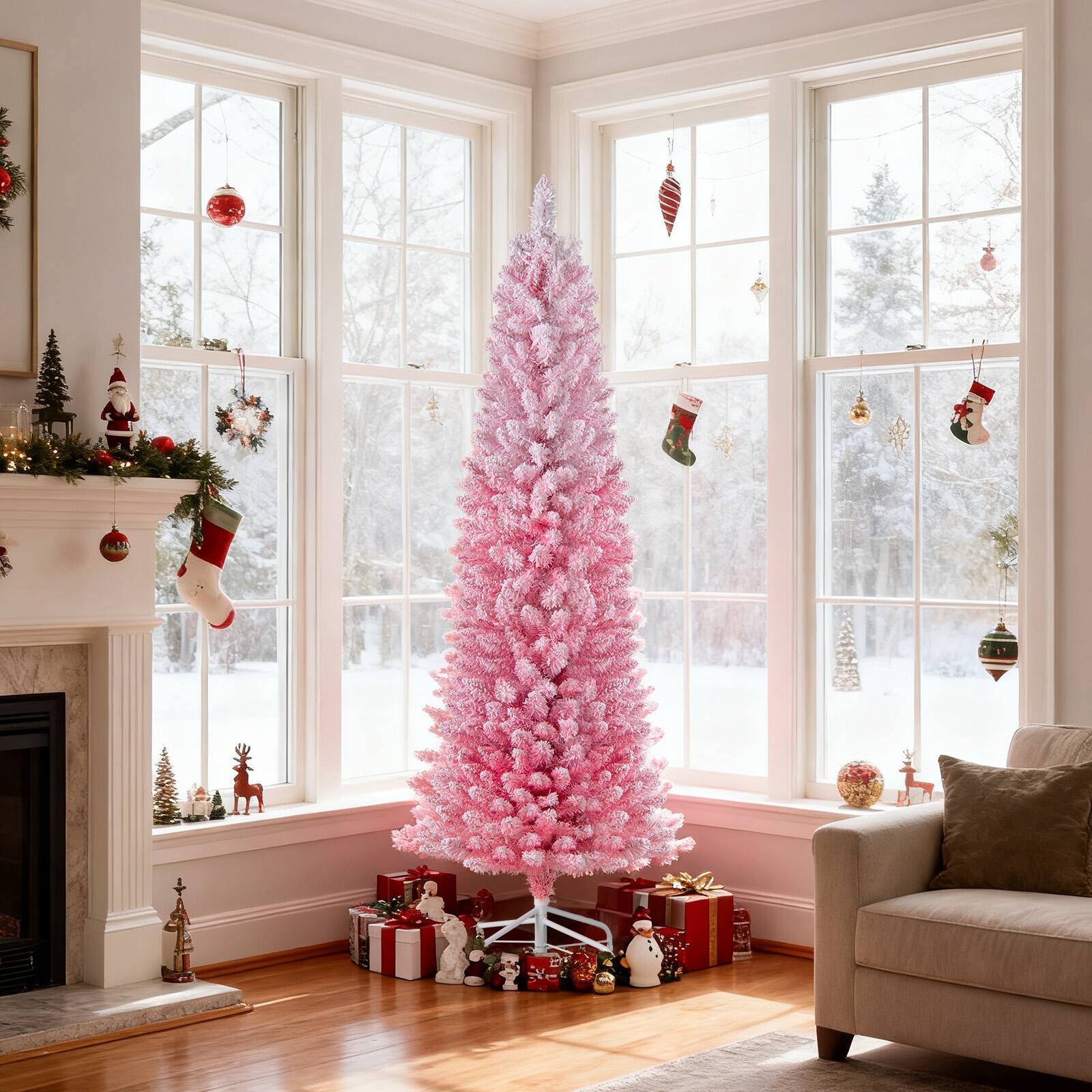 Alt View 3. Costway - Costway 6 FT Snow-flocked Artificial Pink Christmas Tree with 140 Lights & 392 Branch Tips - Pink.