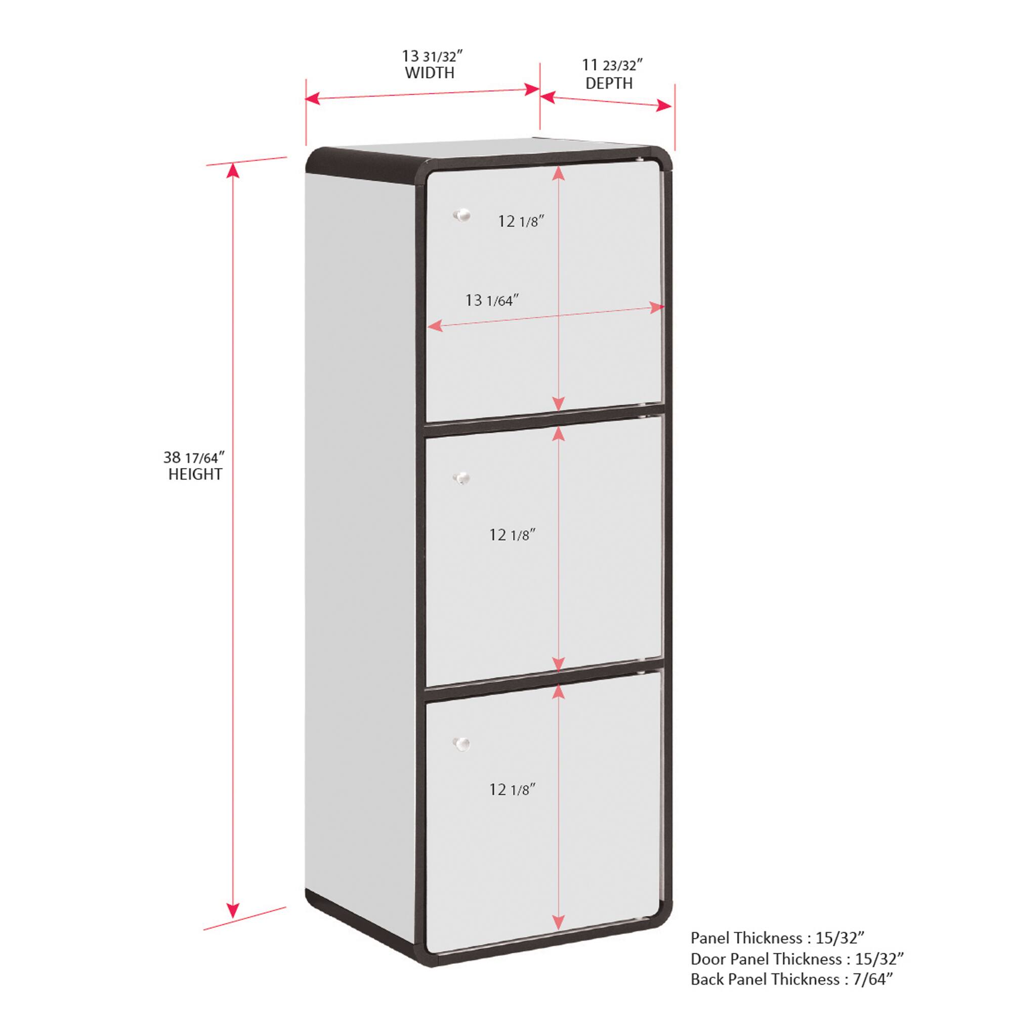 13 31/32" WIDTH  
11 23/32" DEPTH  
12 1/8" HEIGHT  
13 1/64"  
38 17/64" HEIGHT  
12 1/8"  
12 1/8"  
Panel Thickness: 15/32"  
Door Panel Thickness: 15/32"  
Back Panel Thickness: 7/64"