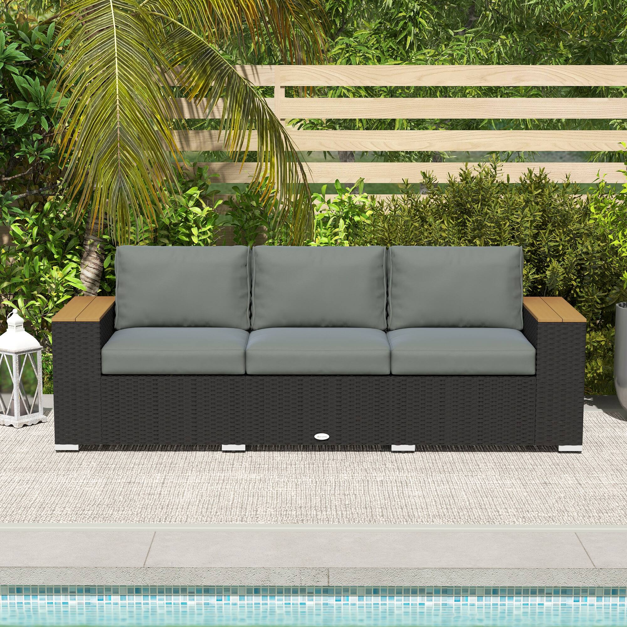 Alt View 8. Outsunny - Outdoor Patio Sofa, PE Wicker Outdoor Couch with Extra Wide Deep Seat, Wide Armrests 4" Cushions - Dark Gray.