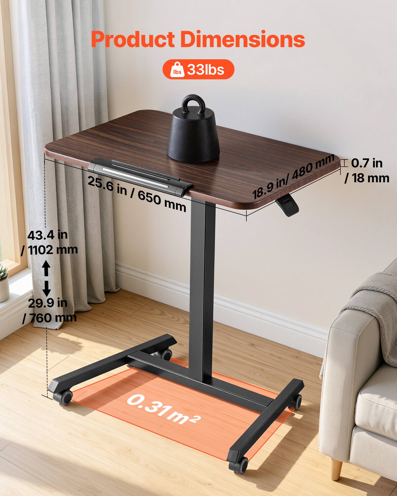 Product Dimensions:  
- Weight: 33 lbs  
- Length: 25.6 in / 650 mm  
- Width: 18.9 in / 480 mm  
- Height: 43.4 in / 1102 mm  
- Depth: 29.9 in / 760 mm  
- Thickness: 0.7 in / 18 mm  
- Surface Area: 0.31 m²