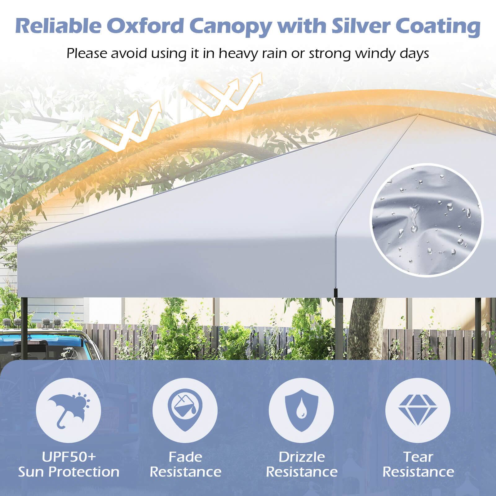Reliable Oxford Canopy with Silver Coating  
Please avoid using it in heavy rain or strong windy days  

UPF50+ Sun Protection  
Fade Resistance  
Drizzle Resistance  
Tear Resistance