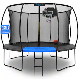 SereneLife - 10ft Trampoline for Kids - Outdoor Recreational Backyard Trampoline with Net Enclosure, Curved Safety Poles - Black