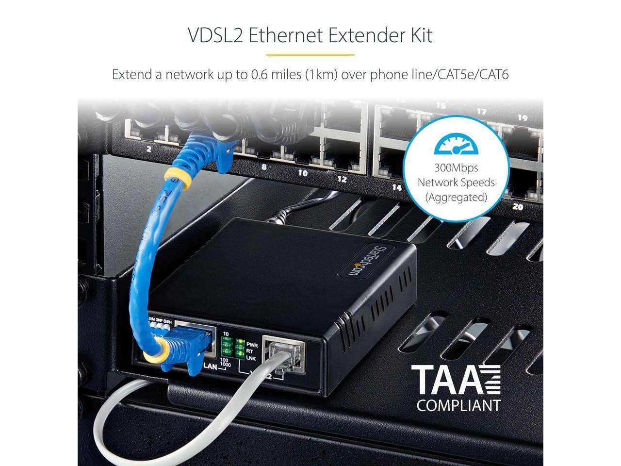 VDSL2 Ethernet Extender Kit  
Extend a network up to 0.6 miles (1km) over phone line/CAT5e/CAT6  

300Mbps Network Speeds (Aggregated)  

10/100 LAN-1000 PWR RT LNK  

TAA COMPLIANT