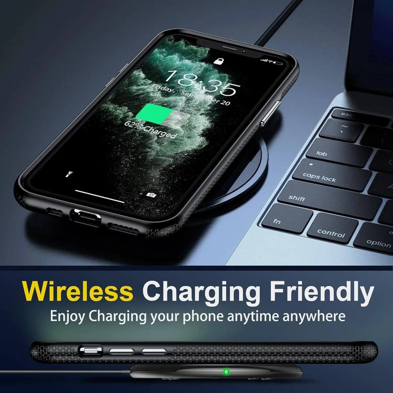 Friday, 18:35  
September 20  
62% Charged  

esc tab caps lock shift  
1) X  
fn control Q option  

Wireless Charging Friendly  
Enjoy Charging your phone anytime anywhere