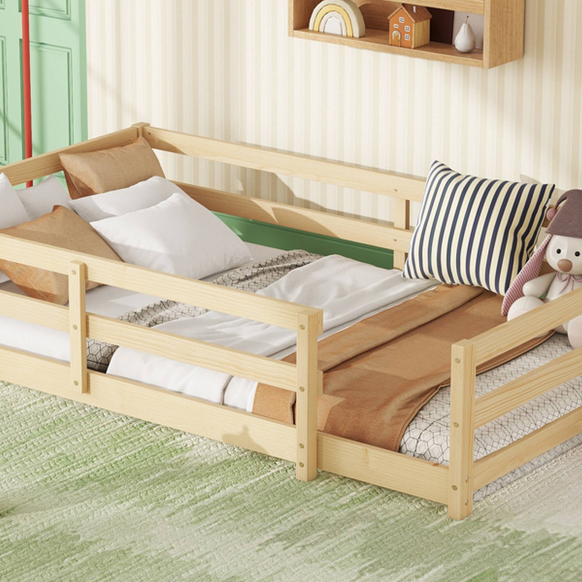 Alt View 4. GOODSILO - Twin Size Floor Bed for Kids with Safety Fence, Sturdy Wooden Montessori Style Bed Frame for Boys and Girls - Oak.