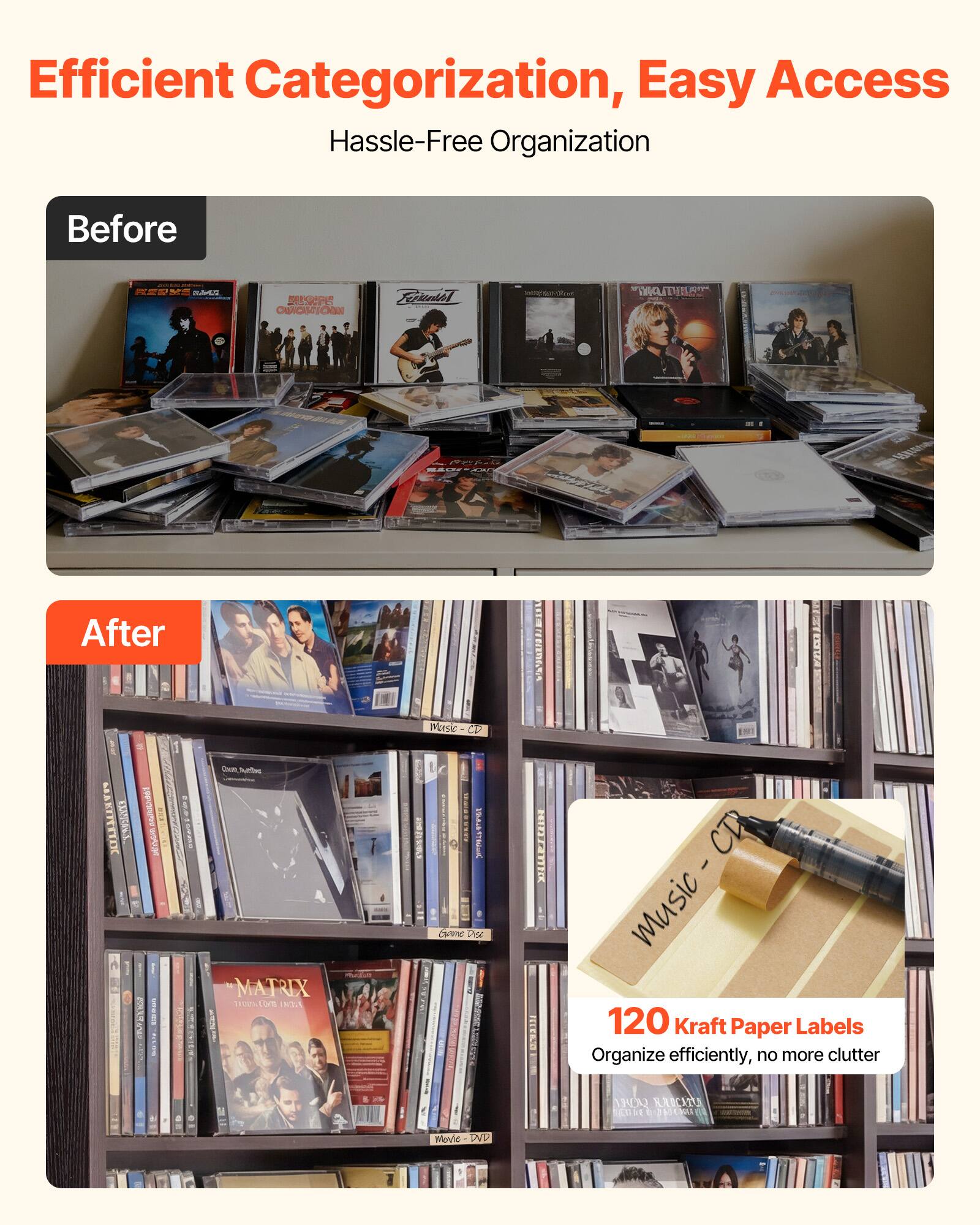Efficient Categorization, Easy Access  
Hassle-Free Organization

Before

After

120 Kraft Paper Labels  
Organize efficiently, no more clutter