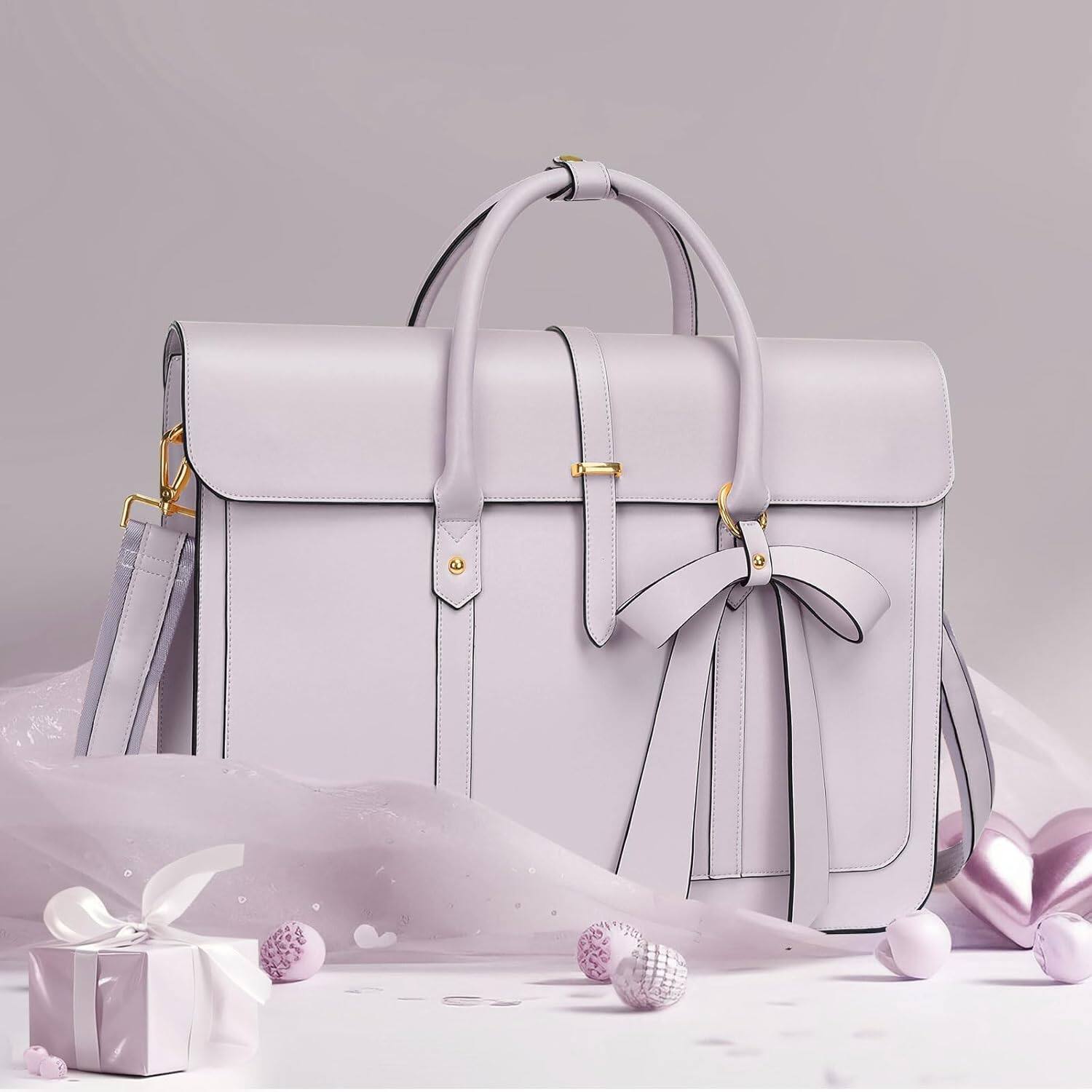 Back. mosiso - Laptop Bag for Women 17-17.3 inch PU Leather Laptop Shoulder Bags Convertible Backpack Casual Handbag Work Computer Bag - Dusty Lilac.