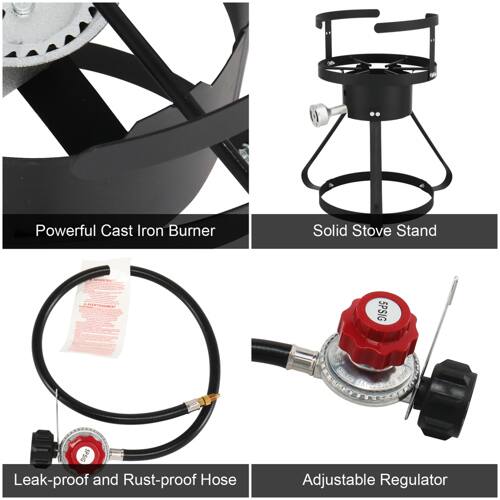 Powerful Cast Iron Burner  
Solid Stove Stand  
Leak-proof and Rust-proof Hose  
Adjustable Regulator