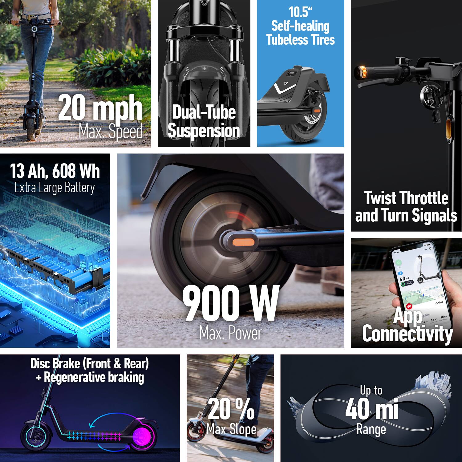 - 10.5" Self-healing Tubeless Tires
- 20 mph Max Speed
- Dual-Tube Suspension
- 13 Ah, 608 Wh Extra Large Battery
- Twist Throttle and Turn Signals
- 900 W Max. Power
- Disc Brake (Front & Rear) + Regenerative braking
- 20% Max Slope
- App Connectivity
- Up to 40 mi Range