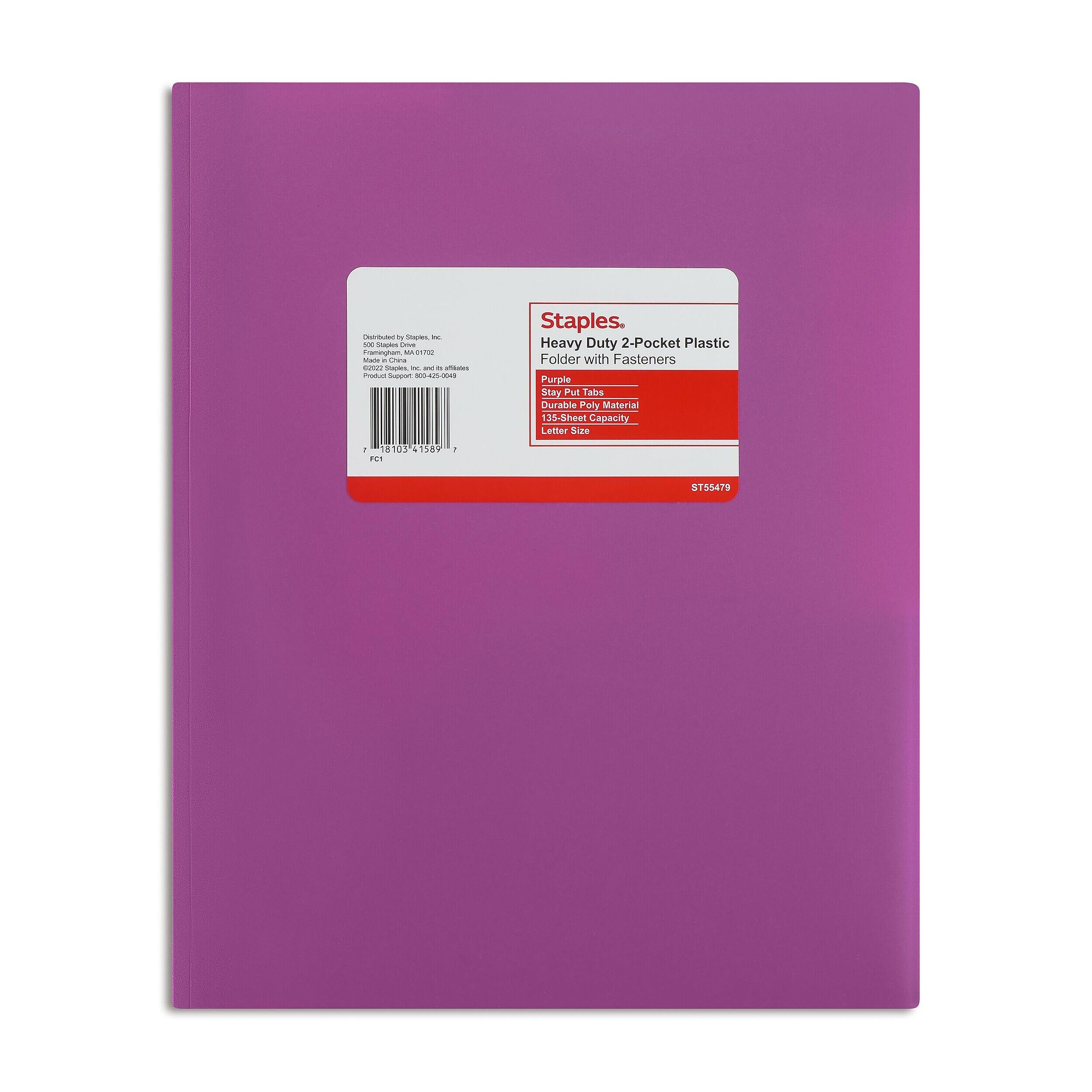 Distributed by Staples Inc  
500 Staples Drive Framingham MA 01702  
602222 Staples, Inc. and its affiliates  
Product Support 800-425-0043  

Staples Heavy Duty 2-Pocket Plastic Folder with Fasteners Purple Stay Put Tabs Durable Poly Material 135-Sheet Capacity Letter Size  
I 18103 1589 FC1  
ST55479