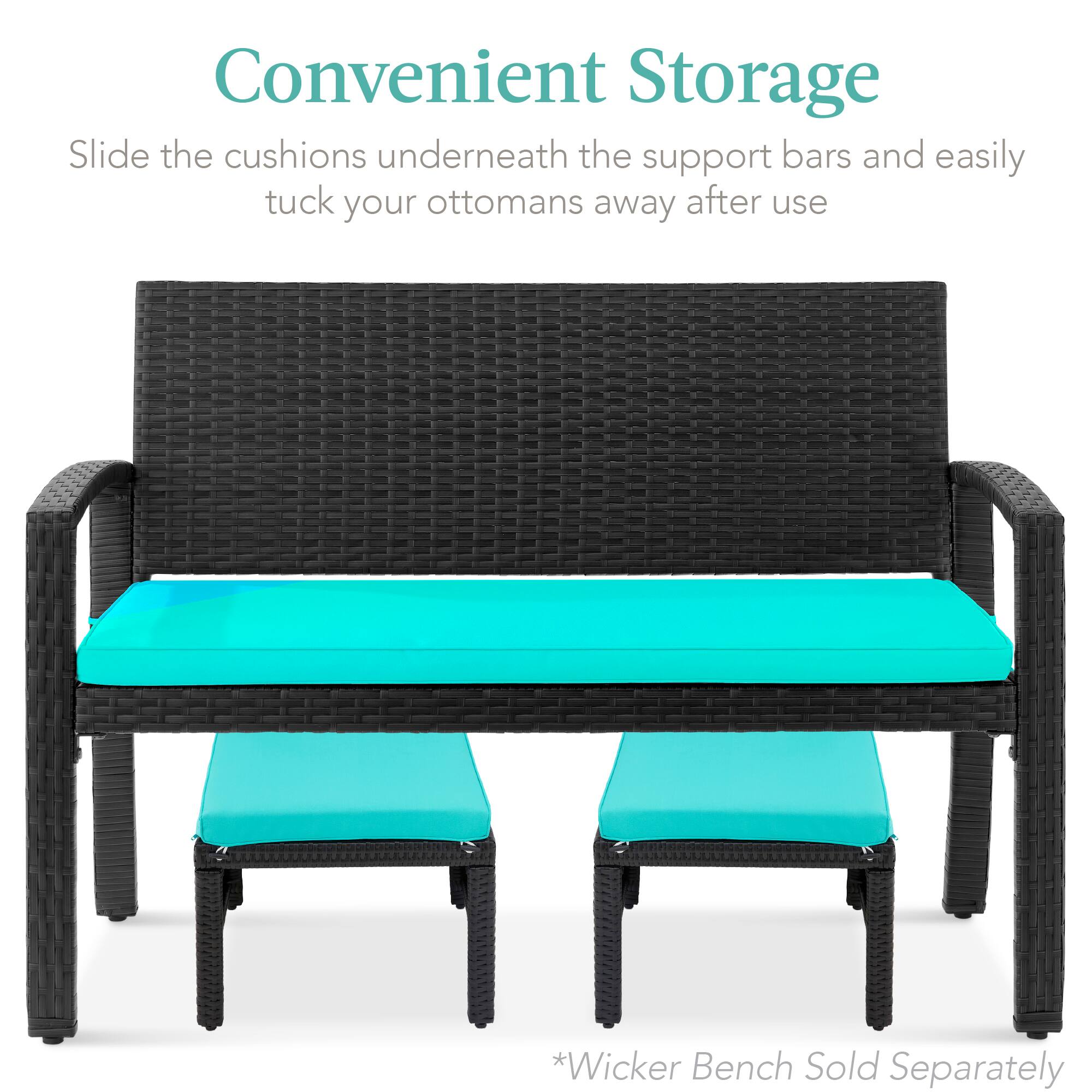Convenient Storage

Slide the cushions underneath the support bars and easily tuck your ottomans away after use

*Wicker Bench Sold Separately