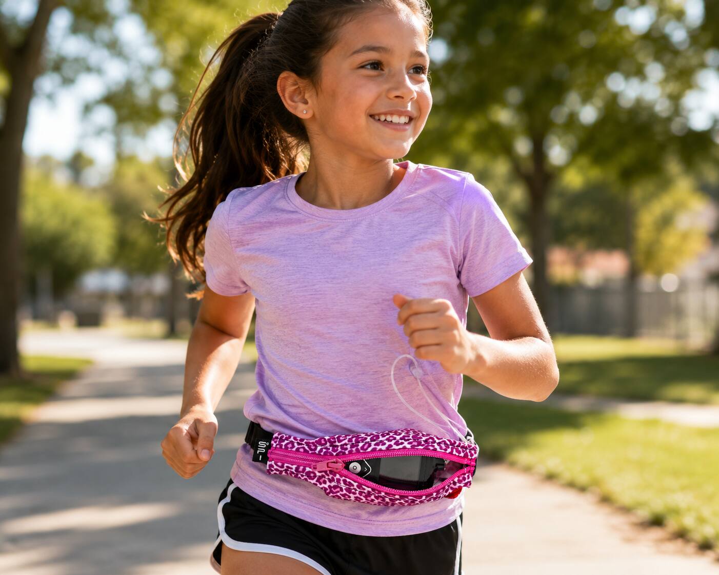 Left. SPIBelt - Children's Running Belt - Pink Cheetah.