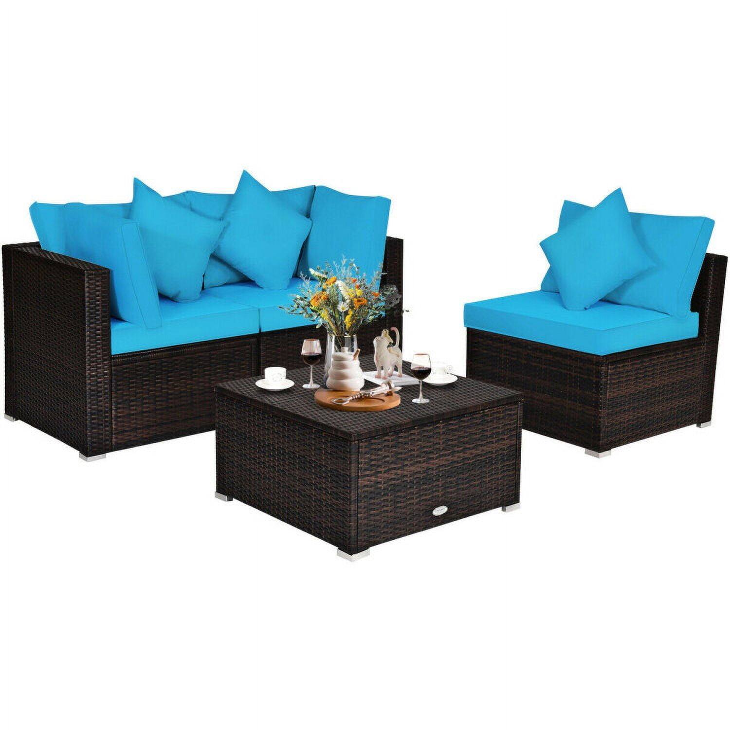 Alt View 1. Kadyn - 4 Pcs Ottoman Garden Deck Patio Rattan Wicker Furniture Set Cushioned Sofa-Turquoise, Patio Seating Conversation Set - Blue.
