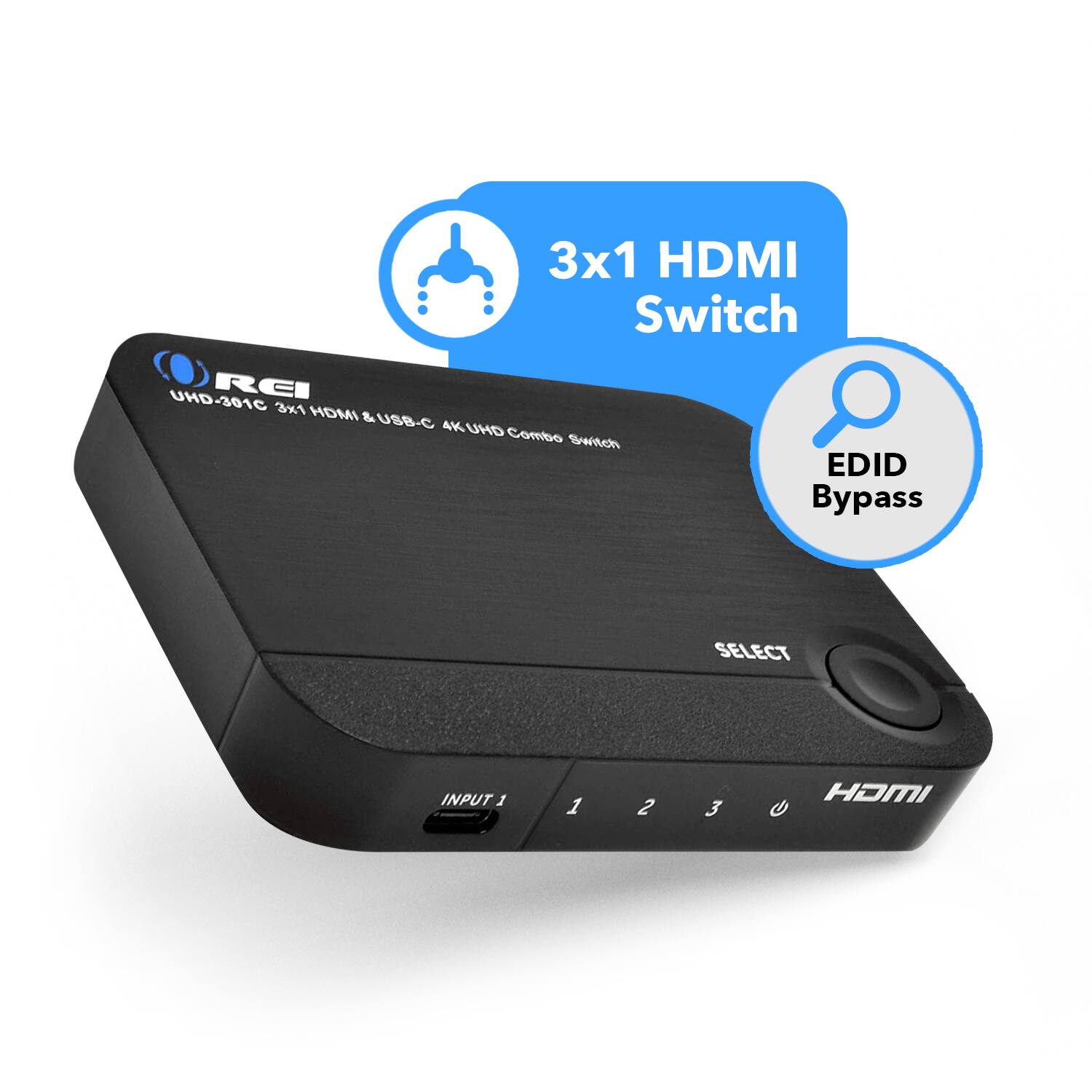 3x1 HDMI Switch UHD-301C RCI 3x1 HDMI & USB-C 4K UHD Combo Switch EDID Bypass SELECT INPUT 1 2 3 HDMI U