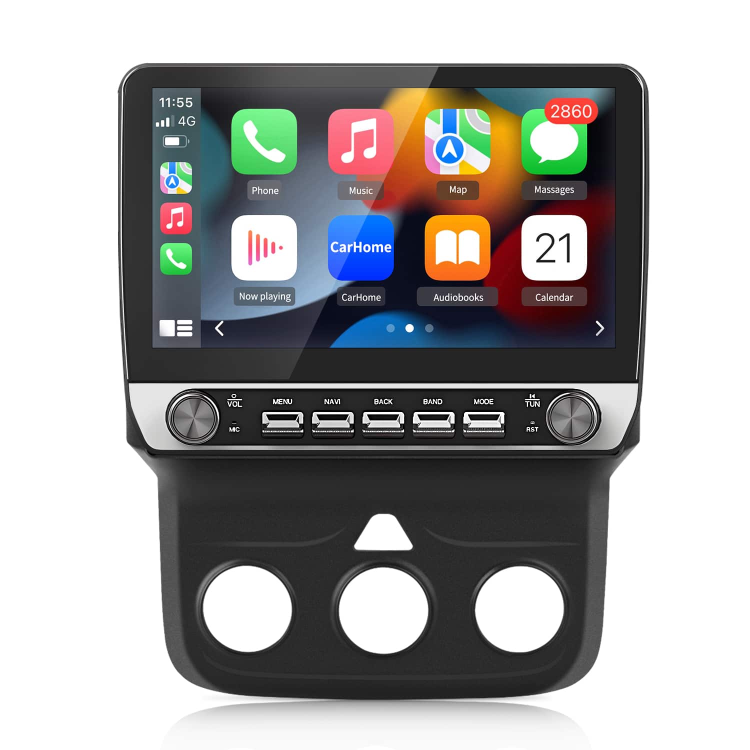 11:55 4G 2860  
A Phone Music Map Massages CarHome 21  
Now playing CarHome Audiobooks Calendar  
VOL MENU NAV BACK BAND MODE 14 TUN MB NLE